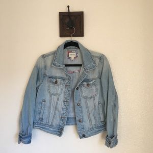 {Forever 21} Distressed Light Wash Denim Jacket